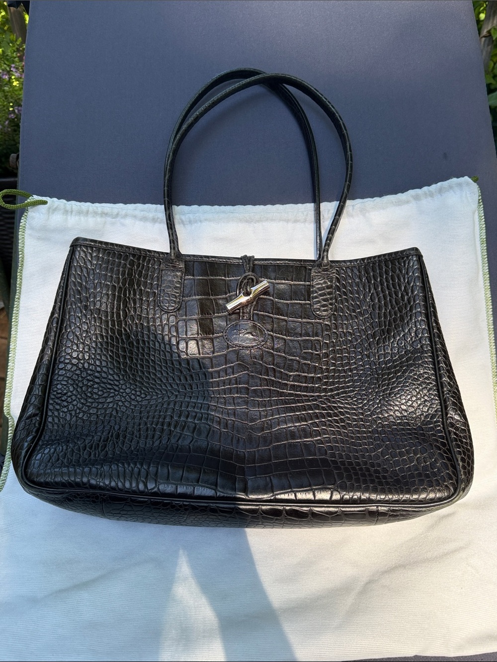 Longchamp Rousseau Black Croc-Embossed Leather Tote